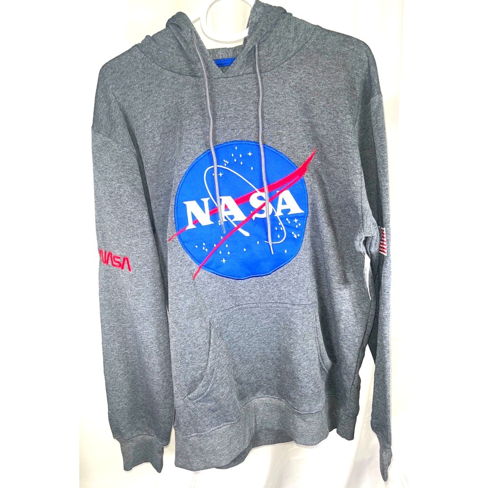 NASA Authentic Merchandise Logo Hoodie Gray Embroidered Patch Sweatshirt Large